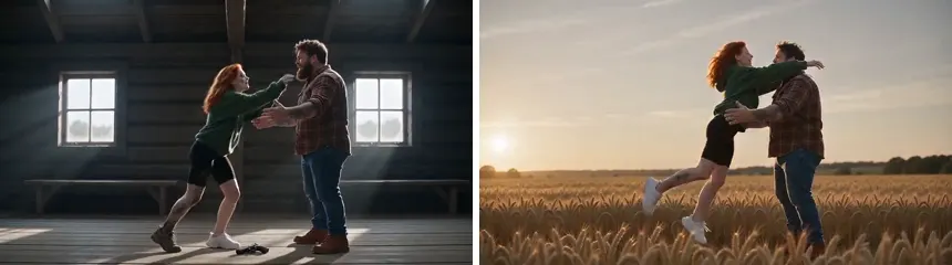 Two frames half a second apart: on the left she leaps at him in the dark cabin, on the right the same leap in a sunlit wheat field