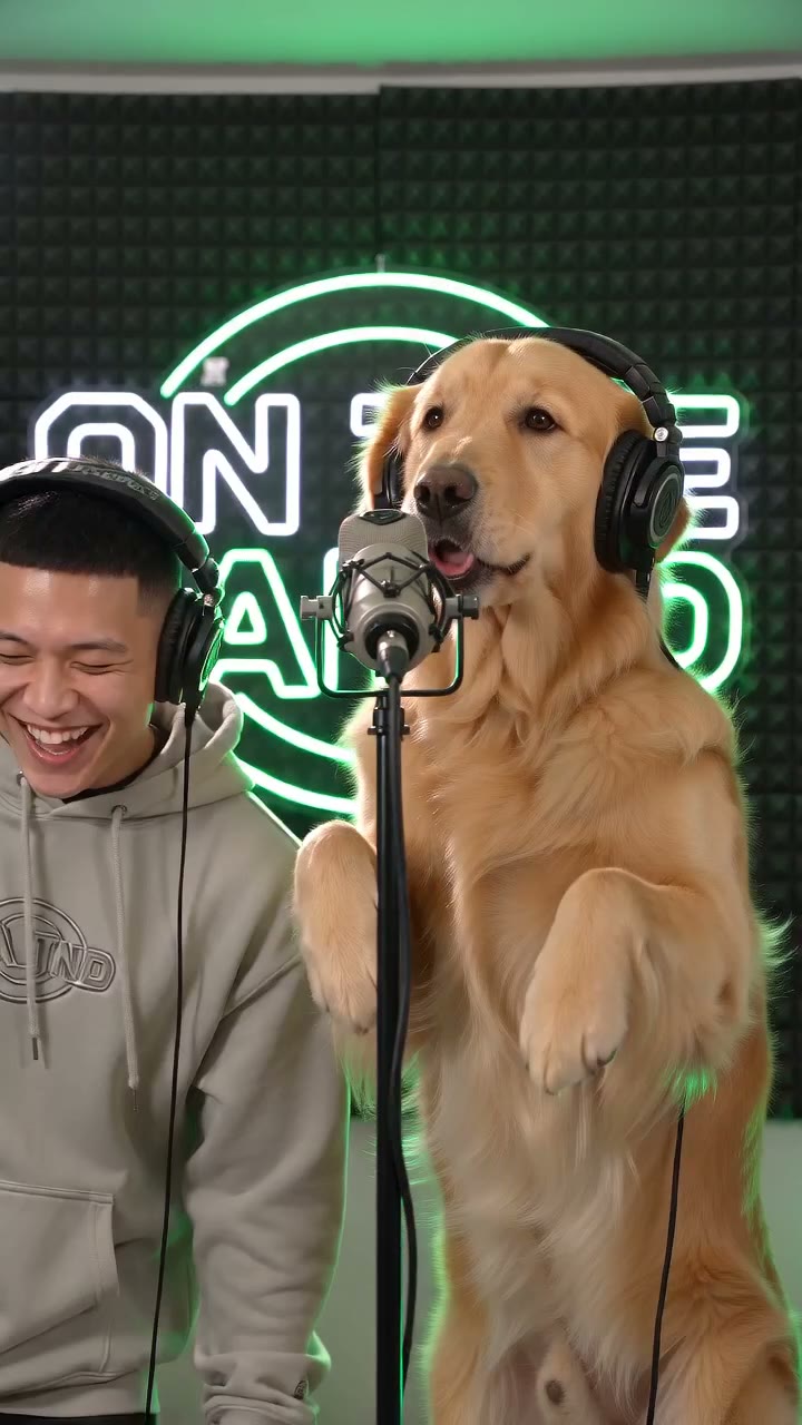 A golden retriever wearing headphones at a studio mic in the green booth