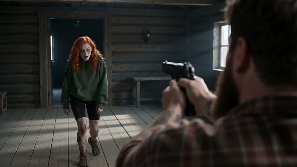 Over the shoulder of a crying man aiming a handgun, a red-haired woman who has turned walks toward him in a wooden cabin