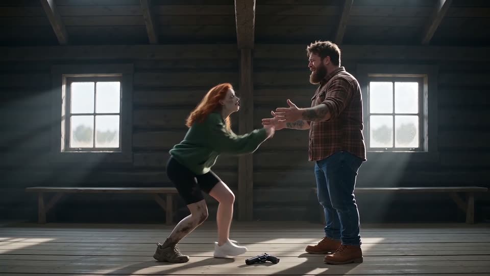 The gun lies on the cabin floor as she runs at him and he opens his arms