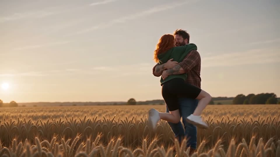 The two of them hug, alive, in a golden wheat field at sunset